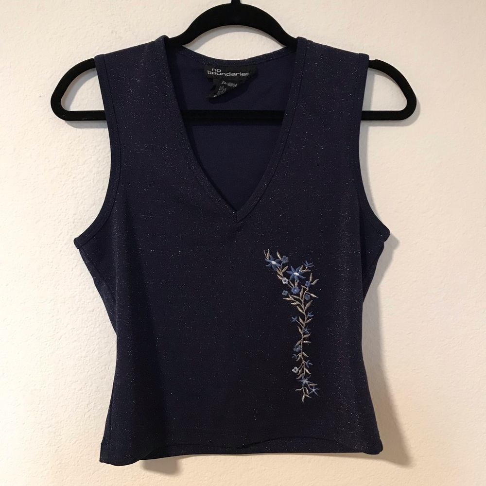 Y2k Navy Tank Top with Blue Floral Detail